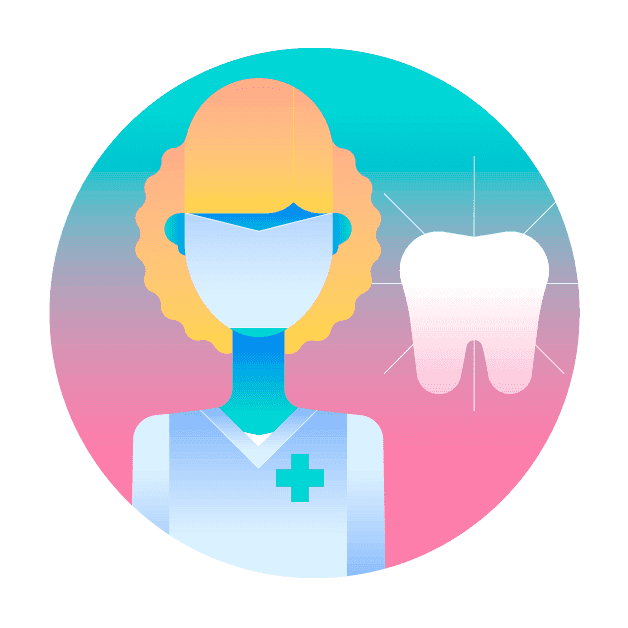 Illustration av en kvalificerad tandläkare som står bredvid en tand